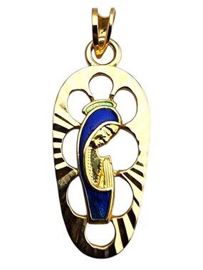 18 Karat Yellow Gold Blue Enamel Blessed Mother Pendant #23931